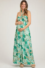 Light Blue Tropical Print Cutout Halter Neck Maternity Maxi Dress