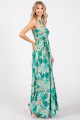 Light Blue Tropical Print Cutout Halter Neck Maxi Dress