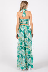 Light Blue Tropical Print Cutout Halter Neck Maxi Dress