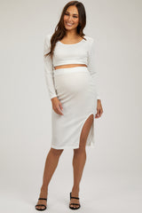 Ivory Ribbed Long Sleeve Crop Top Maternity Skirt Set