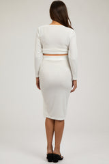 Ivory Ribbed Long Sleeve Crop Top Maternity Skirt Set