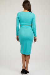 Turquoise Ribbed Long Sleeve Crop Top Maternity Skirt Set