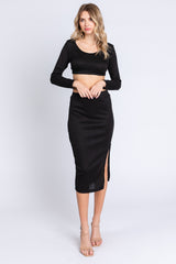 Black Ribbed Long Sleeve Crop Top Maternity Skirt Set