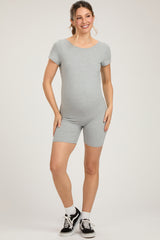 Heather Grey Fitted Short Sleeve Maternity Romper