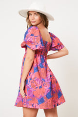 Pink Floral Square Neck Puff Sleeve Dress