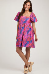 Pink Floral Square Neck Puff Sleeve Maternity Dress