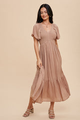 Taupe Smocked Flutter Sleeve Maternity Midi Dress