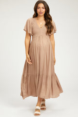 Taupe Smocked Flutter Sleeve Maternity Midi Dress