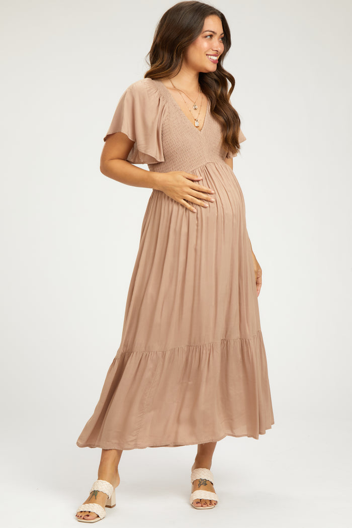 Taupe Smocked Flutter Sleeve Maternity Midi Dress