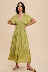 Green Smocked Flutter Sleeve Midi Dress