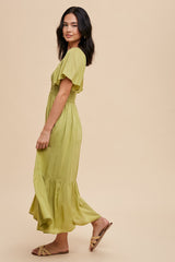 Green Smocked Flutter Sleeve Midi Dress