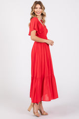 Red Smocked Flutter Sleeve Midi Dress