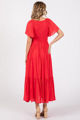 Red Smocked Flutter Sleeve Midi Dress