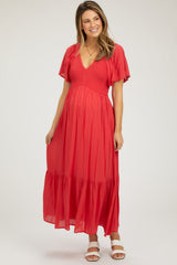 Red Smocked Flutter Sleeve Maternity Midi Dress