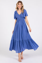 Blue Smocked Flutter Sleeve Maternity Midi Dress