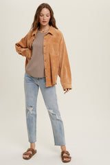 Camel Corduroy Front One Pocket Shacket