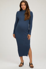Navy Ribbed Mock Neck Side Slit Maternity Midi Dress