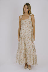 Cream Floral Shoulder Tie Tiered Maternity Maxi Dress