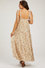 Cream Floral Shoulder Tie Tiered Maternity Maxi Dress