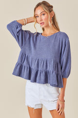 Blue Ribbed Knit Multi Tiered Ruffle Top