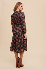 Black Flower Print Smocking Bodice Woven Midi Dress