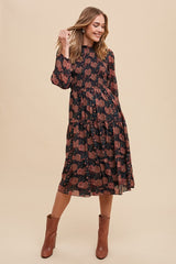 Black Flower Print Smocking Bodice Woven Midi Dress