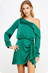 Forest Green One Shoulder Draped Satin Mini Dress