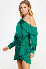 Forest Green One Shoulder Draped Satin Mini Dress