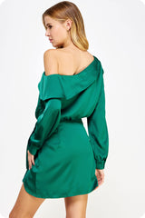 Forest Green One Shoulder Draped Satin Mini Dress