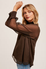 Dark Brown Ruffle Neckline Smocked Cuff Blouse