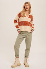 Terracotta Stripe Collared V Neck Sweater Pullover