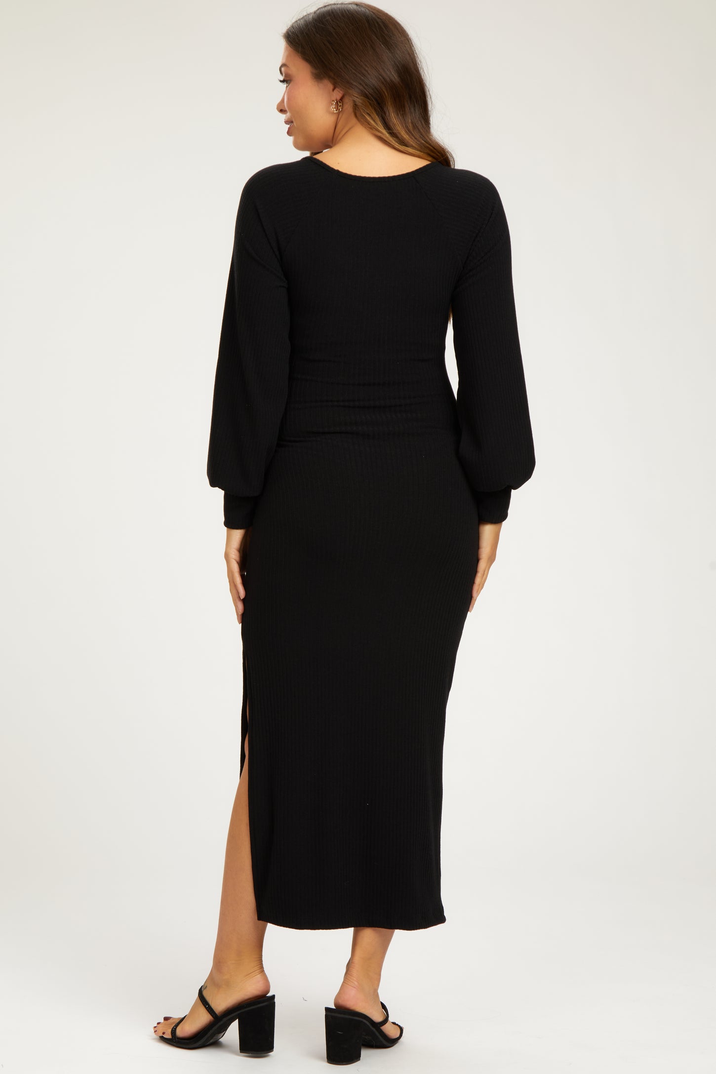 Black Soft Ribbed V-Neck Side Slit Maternity Midi Dress