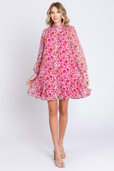 Magenta Floral Chiffon Mock Neck Button Front Dress