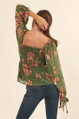 Green Pleated Floral Chiffon Peplum Peasant Top