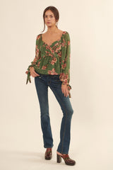 Green Pleated Floral Chiffon Peplum Peasant Top