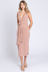 Peach Rib Knit Side Tie Midi Dress