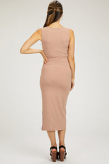 Peach Rib Knit Side Tie Maternity Midi Dress