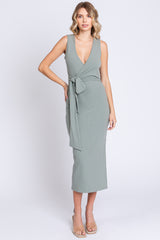 Sage Rib Knit Side Tie Midi Dress