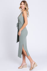 Sage Rib Knit Side Tie Midi Dress