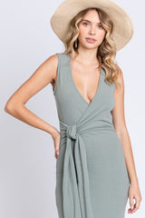 Sage Rib Knit Side Tie Midi Dress