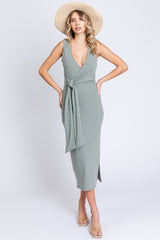 Sage Rib Knit Side Tie Midi Dress