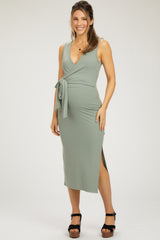 Sage Rib Knit Side Tie Maternity Midi Dress