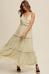 Light Olive Striped Ruffle Tiered Maternity Maxi Dress