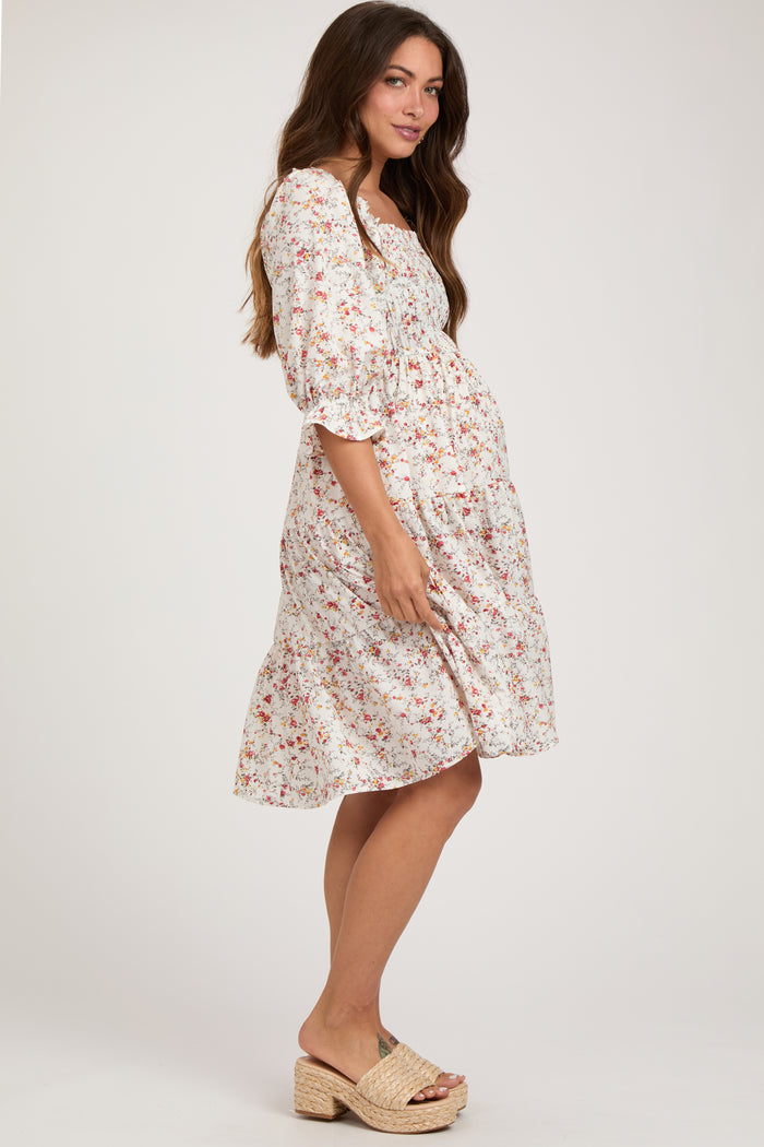 Ivory Floral Smocked Maternity Knee Length Dress