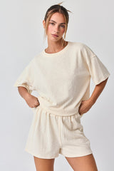 Cream Ribbed Short Sleeve Short Set