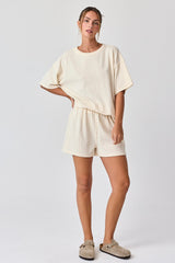 Cream Ribbed Short Sleeve Short Set