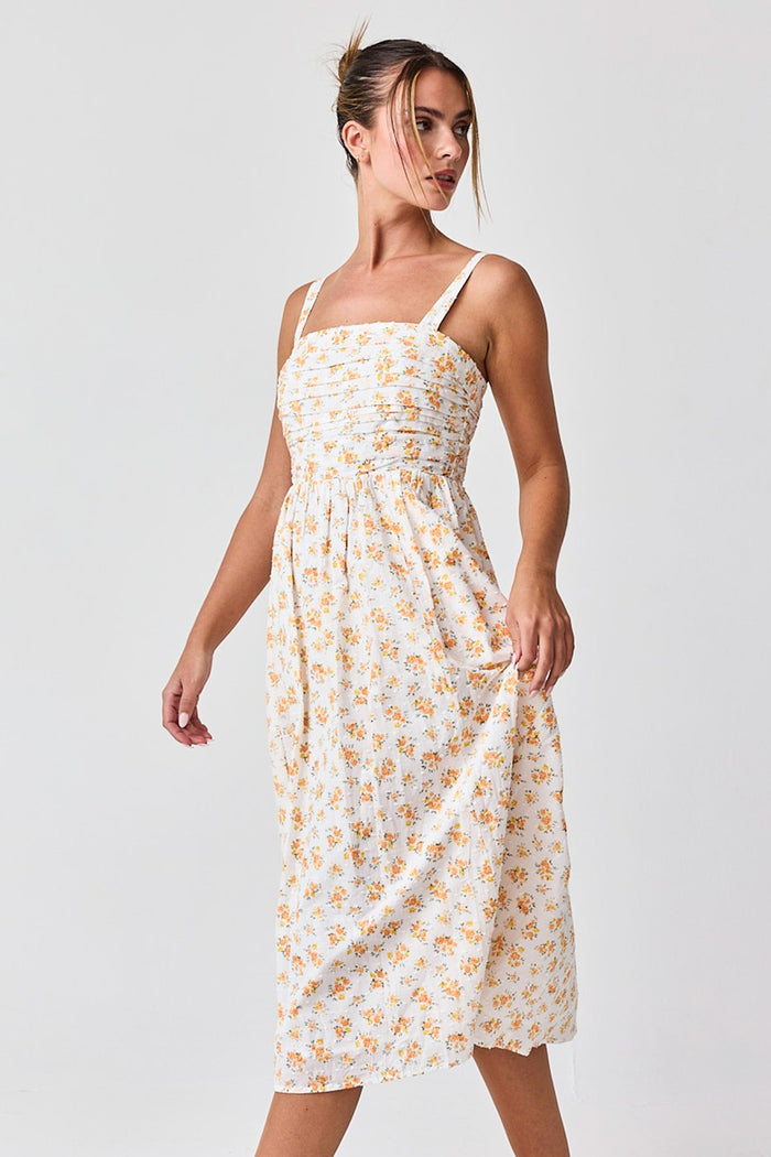 Orange Floral Textured Dot Square Neck Midi Dress