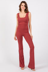 Rust Open Back Ruched Sleeveless Jumpsuit