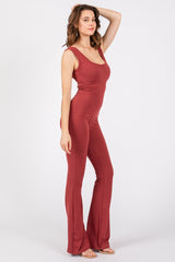 Rust Open Back Ruched Sleeveless Jumpsuit