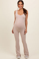 Beige Open Back Ruched Sleeveless Maternity Jumpsuit